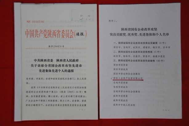 2009年2月，被陕西省委、省政府授予陕西省国有企业改革攻坚先进集体